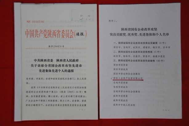 2009年2月，被陕西省委、省政府授予陕西省国有企业改革攻坚先进集体